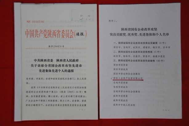 2009年2月，被陕西省委、省政府授予陕西省国有企业改革攻坚先进集体